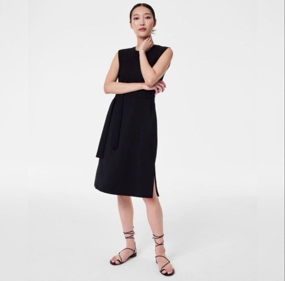 SPANX AirEssentials Black Sleeveless Belted Midi Dress Side Slit Pockets M